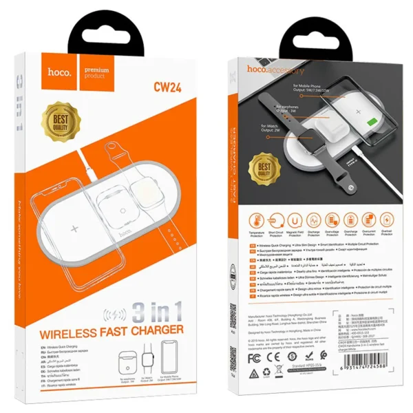 Cargador Inalámbrico 3 en 1 Hoco CW24: Carga Simultánea para tu iPhone, Apple Watch y AirPods - Imagen 2